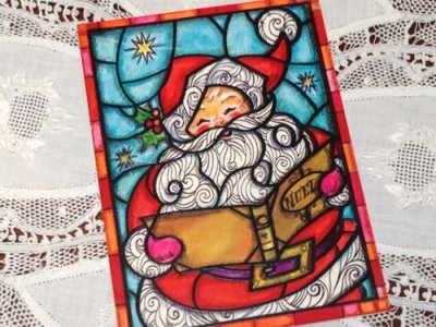 画像1: ビンテージ　使用済　クリスマスカード　ステンドグラスのサンタクロース
